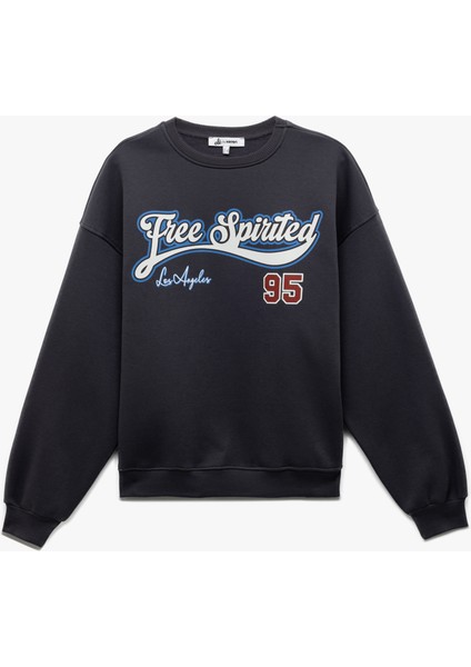 Şardonlu Uzun Kollu Bisiklet Yaka Baskılı Oversize Sweatshirt modelleri