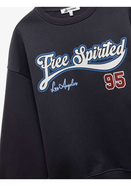 Şardonlu Uzun Kollu Bisiklet Yaka Baskılı Oversize Sweatshirt indirimleri