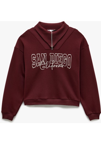 Şardonlu Uzun Kollu Baskılı Yarım Fermuarlı Oversize Sweatshirt modelleri