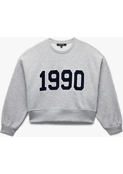 Üç Iplik Şardonlu Uzun Kollu Bisiklet Yaka Nakışlı Crop Sweatshirt