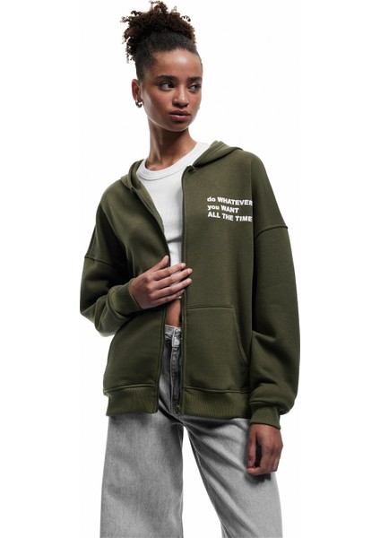 Şardonlu Kanguru Cepli Arkası Baskılı Fermuarlı Kapüşonlu Oversize Sweatshirt