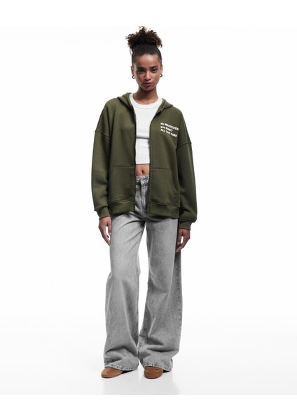 Şardonlu Kanguru Cepli Arkası Baskılı Fermuarlı Kapüşonlu Oversize Sweatshirt fiyatları