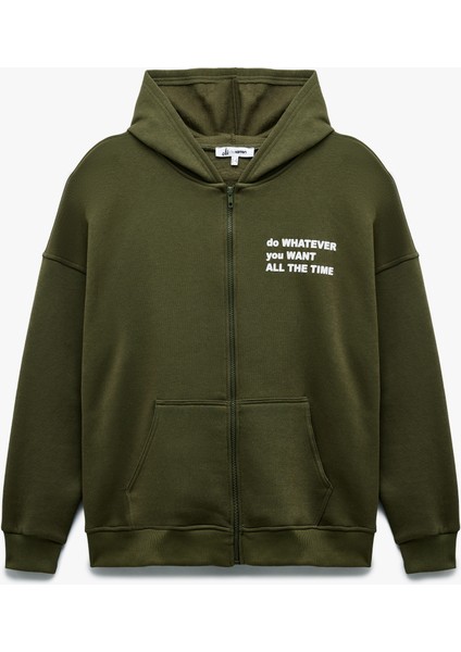 Şardonlu Kanguru Cepli Arkası Baskılı Fermuarlı Kapüşonlu Oversize Sweatshirt modelleri