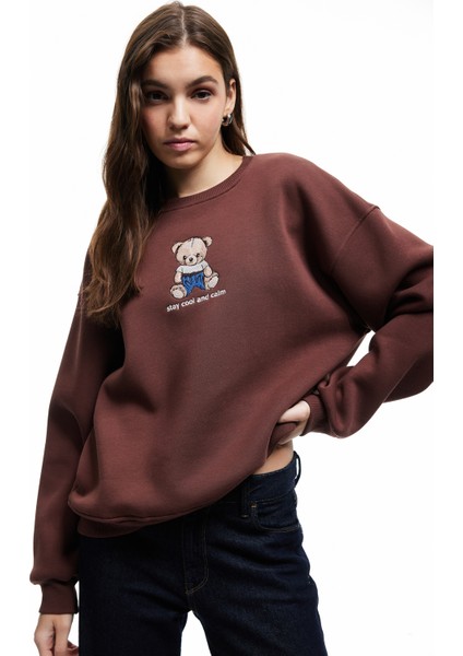 Ayıcık Nakışlı Şardonlu Uzun Kollu Bisiklet Yaka Oversize Sweatshirt