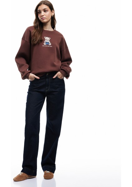 Ayıcık Nakışlı Şardonlu Uzun Kollu Bisiklet Yaka Oversize Sweatshirt fiyatları