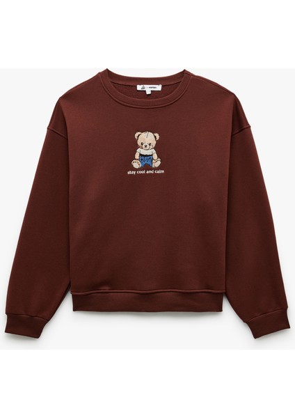 Ayıcık Nakışlı Şardonlu Uzun Kollu Bisiklet Yaka Oversize Sweatshirt modelleri