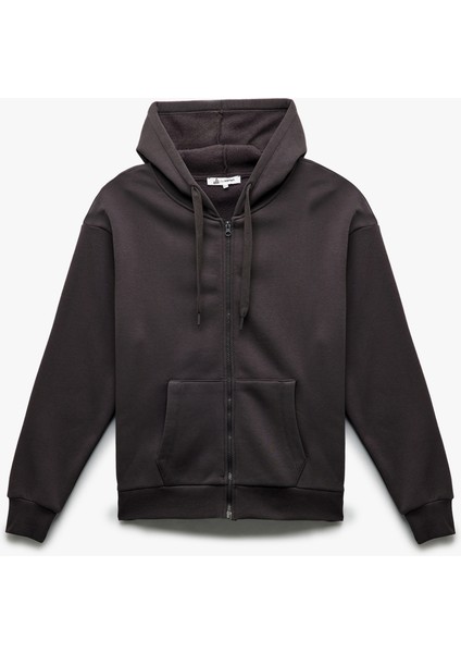 Şardonlu Uzun Kollu Kapüşonlu Kanguru Cepli Oversize Fermuarlı Sweatshirt