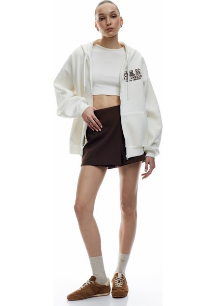 Kapüşonlu Fermuarlı Arkası Baskılı Cepli Şardonlu Oversize Sweatshirt