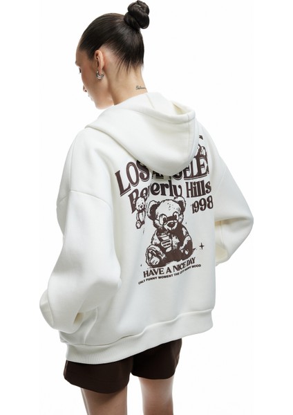 Kapüşonlu Fermuarlı Arkası Baskılı Cepli Şardonlu Oversize Sweatshirt fiyatları