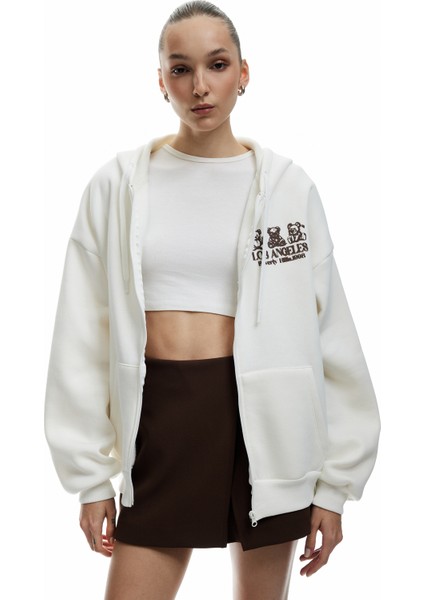 Kapüşonlu Fermuarlı Arkası Baskılı Cepli Şardonlu Oversize Sweatshirt modelleri