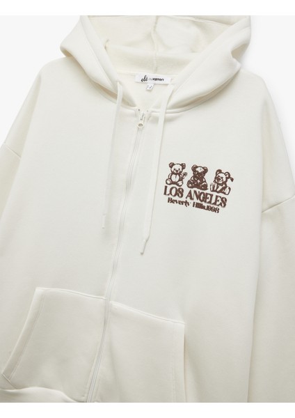 Kapüşonlu Fermuarlı Arkası Baskılı Cepli Şardonlu Oversize Sweatshirt