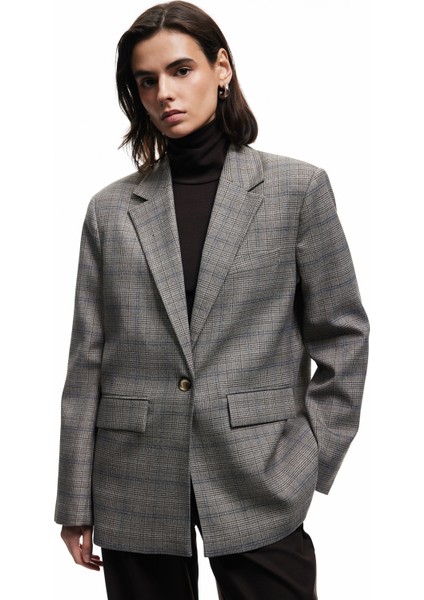 Kruvaze Cepli Uzun Kollu Ekose Oversize Blazer Ceket