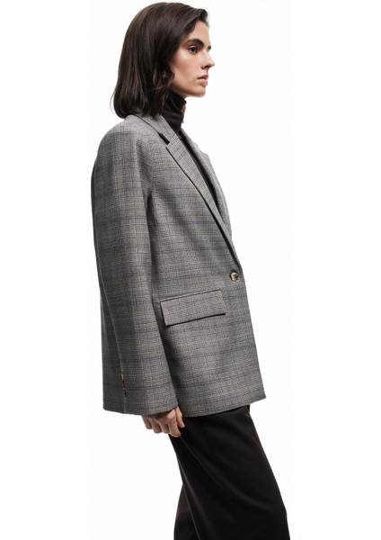 Kruvaze Cepli Uzun Kollu Ekose Oversize Blazer Ceket