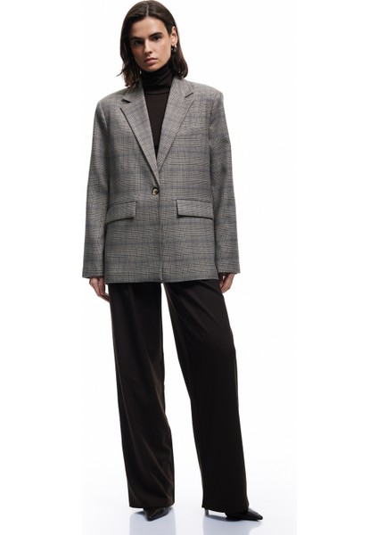 Kruvaze Cepli Uzun Kollu Ekose Oversize Blazer Ceket
