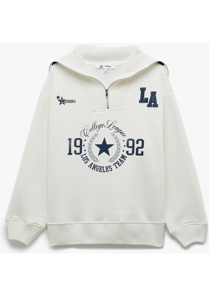 Şardonlu Yarım Fermuarlı Geniş Yaka Kolej Temalı Baskılı Sweatshirt modelleri