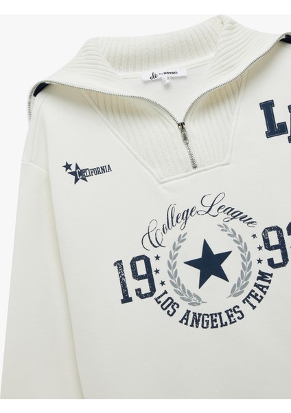 Şardonlu Yarım Fermuarlı Geniş Yaka Kolej Temalı Baskılı Sweatshirt indirimleri
