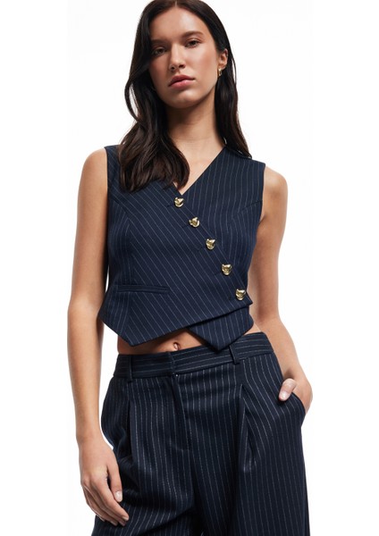 Kolsuz V Yaka Düğmeli Asimetrik Kesim Blazer Yelek