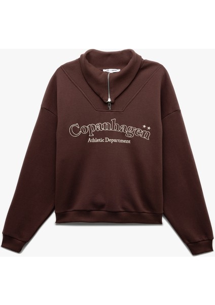 Şardonlu Uzun Kollu Yarım Fermuarlı Yaka Baskılı Oversize Sweatshirt modelleri