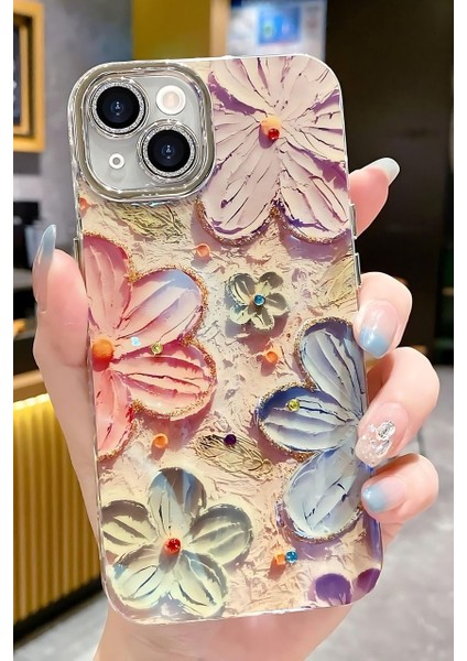 Apple iPhone 13 Kılıf Renk Değiştiren Taşlı Kamera Lens Korumalı Pembe Çiçek Desenli Darbe Emici Kapak