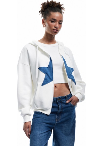 Şardonlu Kapüşonlu Yıldız Aplikeli Fermuarlı Sweatshirt