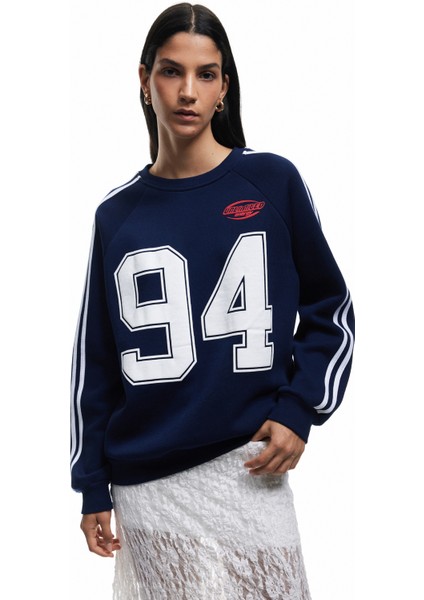 Pamuklu Şardonlu Biyeli Uzun Kollu Bisiklet Yaka Baskılı Sweatshirt