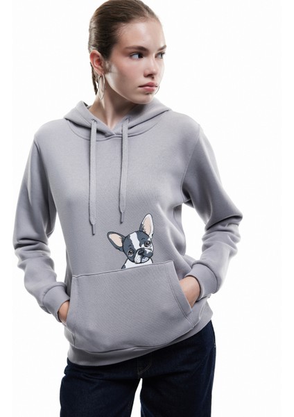 Köpek Baskılı Şardonlu Kanguru Cepli Kapüşonlu Sweatshirt