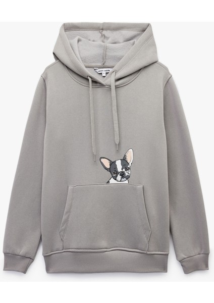 Köpek Baskılı Şardonlu Kanguru Cepli Kapüşonlu Sweatshirt modelleri