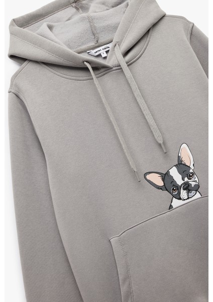 Köpek Baskılı Şardonlu Kanguru Cepli Kapüşonlu Sweatshirt indirimleri