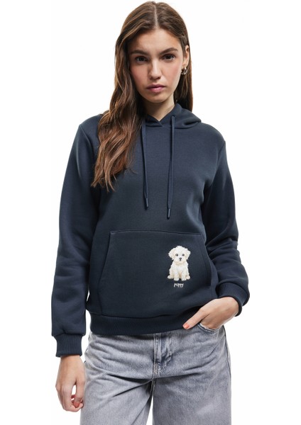 Şardonlu Uzun Kollu Kapüşonlu Köpek Nakışlı Kanguru Cepli Sweatshirt