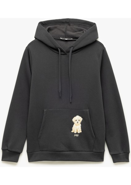 Şardonlu Uzun Kollu Kapüşonlu Köpek Nakışlı Kanguru Cepli Sweatshirt modelleri
