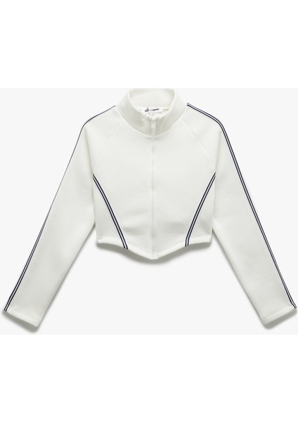Şerit Detaylı Dik Yaka Üç Iplik Şardonlu Fermuarlı Crop Sweatshirt modelleri