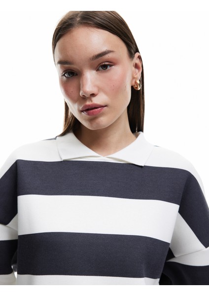 Çizgili Oversize Şardonlu Polo Yaka Sweatshirt