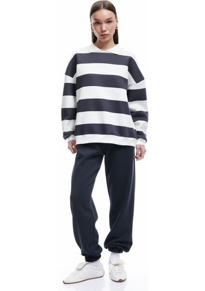 Çizgili Oversize Şardonlu Polo Yaka Sweatshirt fiyatları