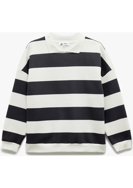 Çizgili Oversize Şardonlu Polo Yaka Sweatshirt modelleri
