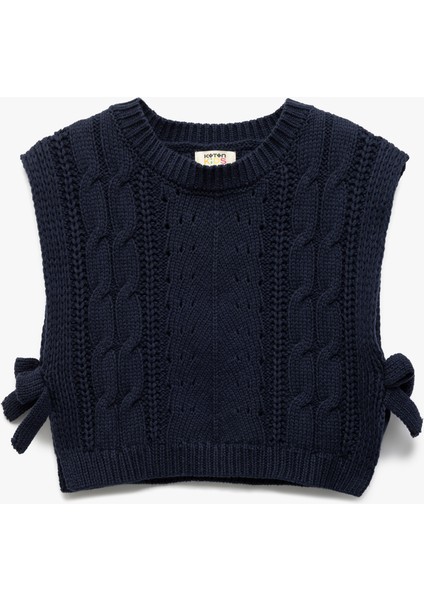 Bisiklet Yaka Kolsuz Saç Örgü Dokulu Fiyonklu Crop Triko Süveter