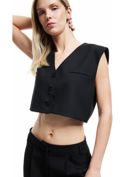 Düğmeli V Yaka Kolsuz Crop Blazer Yelek
