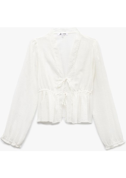 Uzun Kollu V Yaka Viskon Karışımlı Bağcıklı Fisto Bluz modelleri