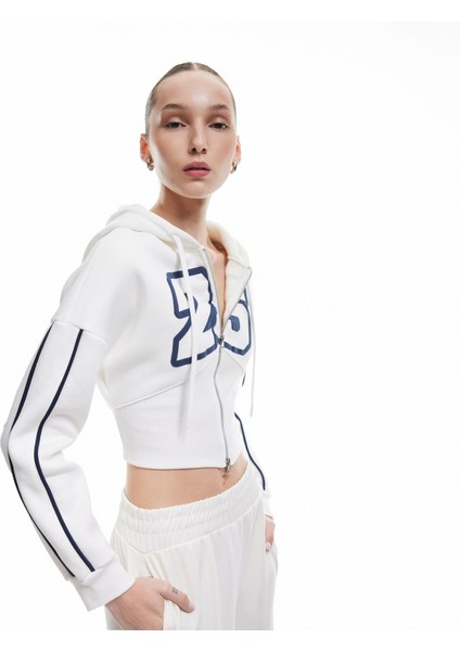 Şardonlu Fermuarlı Korse Detaylı Baskılı Kapüşonlu Sweatshirt