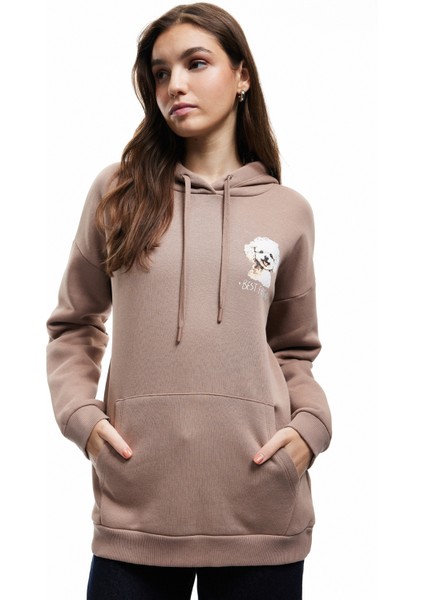 Şardonlu Uzun Kollu Kanguru Cepli Kapüşonlu Arkası Baskılı Oversize Sweatshirt fiyatları