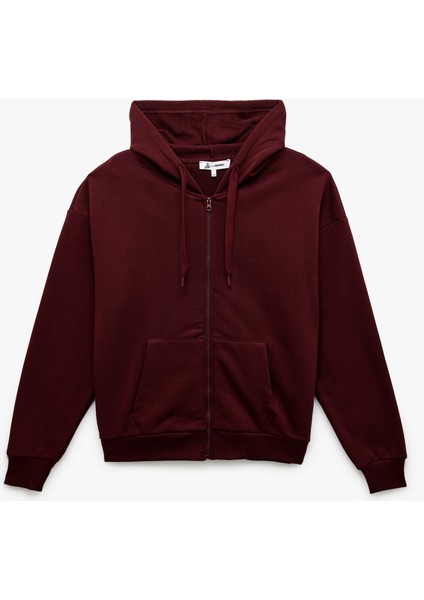 Şardonlu Kanguru Cep Detaylı Kapüşonlu Fermuarlı Oversize Sweatshirt