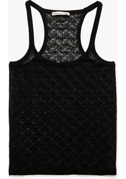 Rahat Kalıp Yarı Transparan U Yaka Dantel Atlet Pijama Üstü