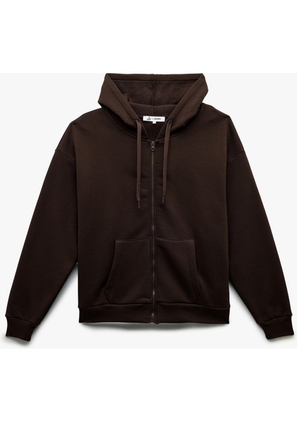 Şardonlu Uzun Kollu Kapüşonlu Kanguru Cepli Oversize Fermuarlı Sweatshirt