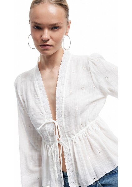 Uzun Kollu V Yaka Viskon Karışımlı Bağcıklı Fisto Bluz