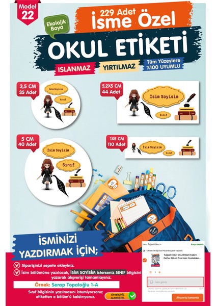Okul Etiketi Hermione Kalem Defter Etiketi Özel Isim Yazılabilen Etiket Seti - Isim ETIKETI-T554-OE22