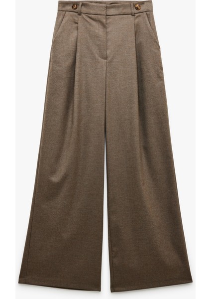 Cepli Pile Detaylı Geniş Paça Yüksek Bel Palazzo Pantolon