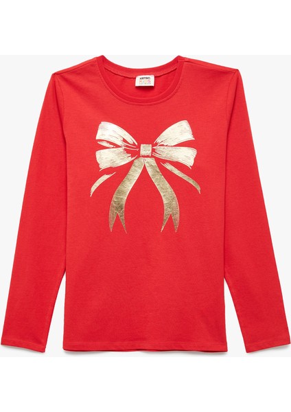 Uzun Kollu Pamuklu Parlak Fiyonk Baskılı Bisiklet Yaka Tişört