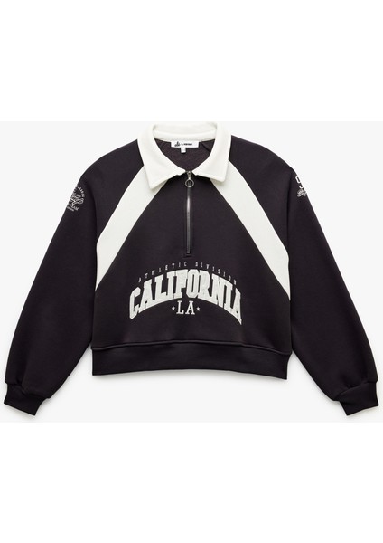 Şardonlu Işlemeli Yarım Fermuarlı Yaka Oversize Crop Sweatshirt