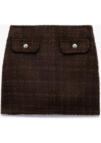 Aplike Detaylı Kareli Yüksek Bel Mini Tüvit Etek modelleri