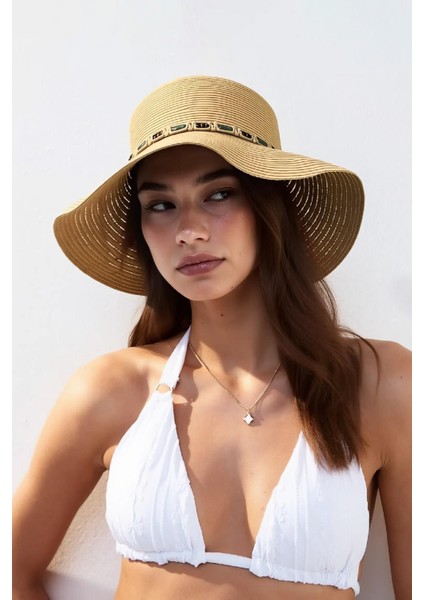 Kadın Boho Işlemeli Hasır Şapka - Camel