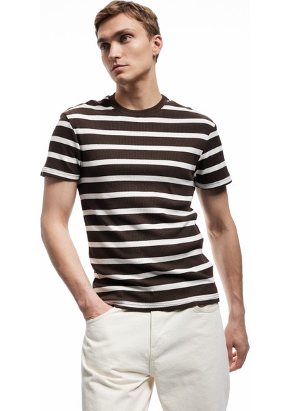 Kısa Kollu Bisiklet Yaka Slim Fit Çizgili Tişört fiyatları